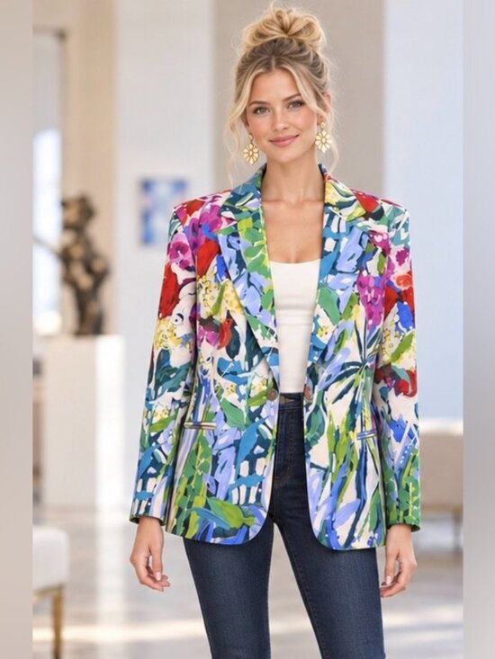 Claire Desjardins Jackets & Blazers - Claire Desjardins XL Colorful Abstract Floral Stretch Lined Blazer Jacket